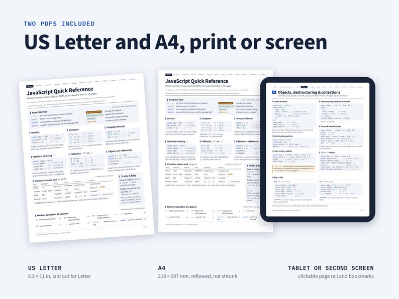 May include: A digital JavaScript Quick Reference guide presented in two PDF formats, US Letter and A4, alongside a tablet display. The documents feature technical code snippets, syntax explanations, and programming concepts organized in a clean layout.