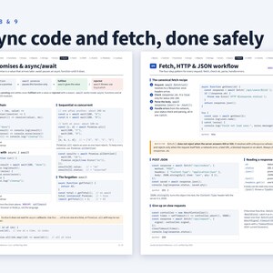 May include: Two educational pages titled Async code and fetch, done safely, featuring technical documentation on Promises, async/await, and Fetch, HTTP, and JSON workflows. The content includes code snippets, diagrams, and explanations for web development.