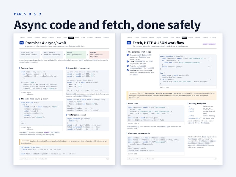 May include: Two educational pages titled Async code and fetch, done safely, featuring technical documentation on Promises, async/await, and Fetch, HTTP, and JSON workflows. The content includes code snippets, diagrams, and explanations for web development.