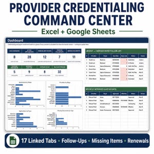 Op de afbeelding: Een digitaal dashboard getiteld Provider Credentialing Command Center voor Excel en Google Sheets. Het toont statistieken voor aanbiederaanvragen, achterstallige follow-ups en ontbrekende documenten, met tabellen en staafdiagrammen voor tracking.