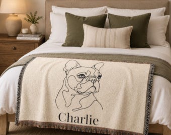 Personalized French Bulldog Woven Blanket, Custom Line Art Throw, Dog Mom Gift