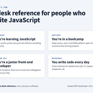 May include: A 13-page desk reference guide for JavaScript developers. The document features sections for learners, bootcamp students, junior developers, and those needing a refresher. It includes text about syntax, arrays, async, DOM patterns, mutation, fetch errors, and event delegation.
