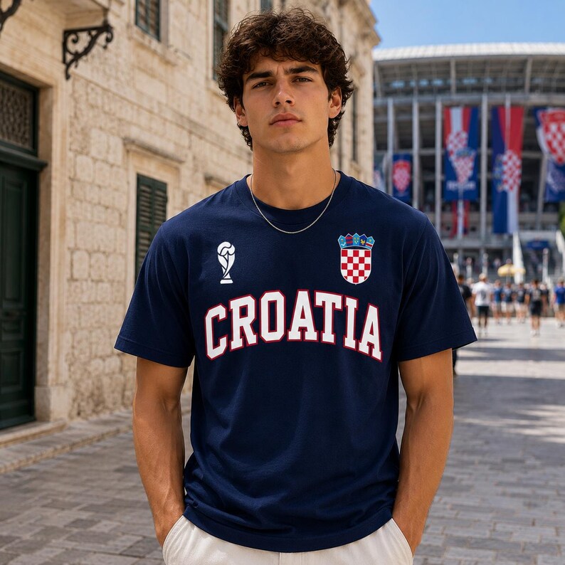 Puede incluir: Una camiseta azul marino de manga corta con la palabra CROATIA en letras blancas grandes con borde rojo. La prenda muestra un gr&aacute;fico blanco de un trofeo en el pecho derecho y el escudo de armas croata de cuadros rojos y blancos a la izquierda.