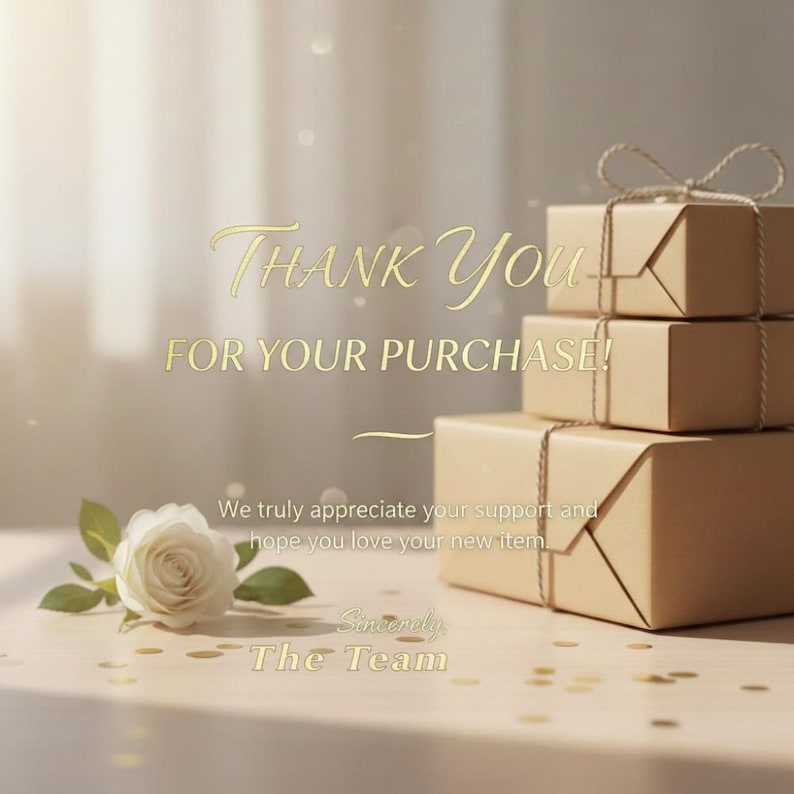 Puede incluir: Una pila de tres cajas de regalo de color beige atadas con cordel fino, acompa&ntilde;ada de una rosa blanca y confeti dorado. El texto dice: Thank You FOR YOUR PURCHASE! We truly appreciate your support and hope you love your new item. Sincerely, The Team.