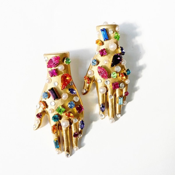 Vintage rhinestone ceramic hand earrings