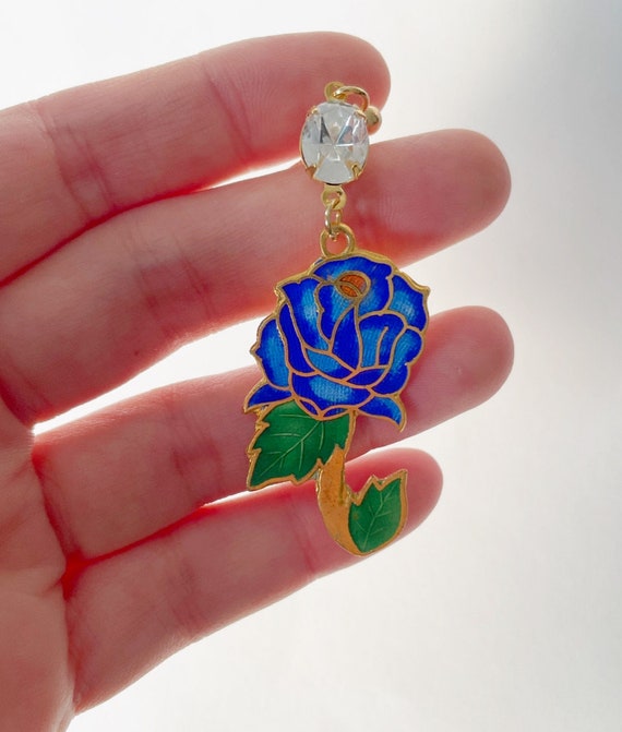Vintage cloisonné blue rose earrings - image 2