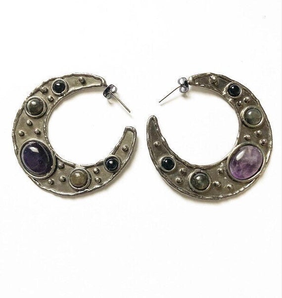 Large silver amethyst crescent moon earrings