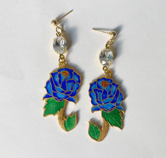 Vintage cloisonné blue rose earrings - image 1