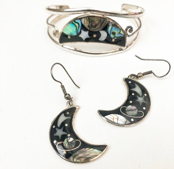Alpaca star, planet and moon cuff and earrings