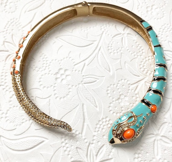 Enamel blue and orange snake serpent choker neckla