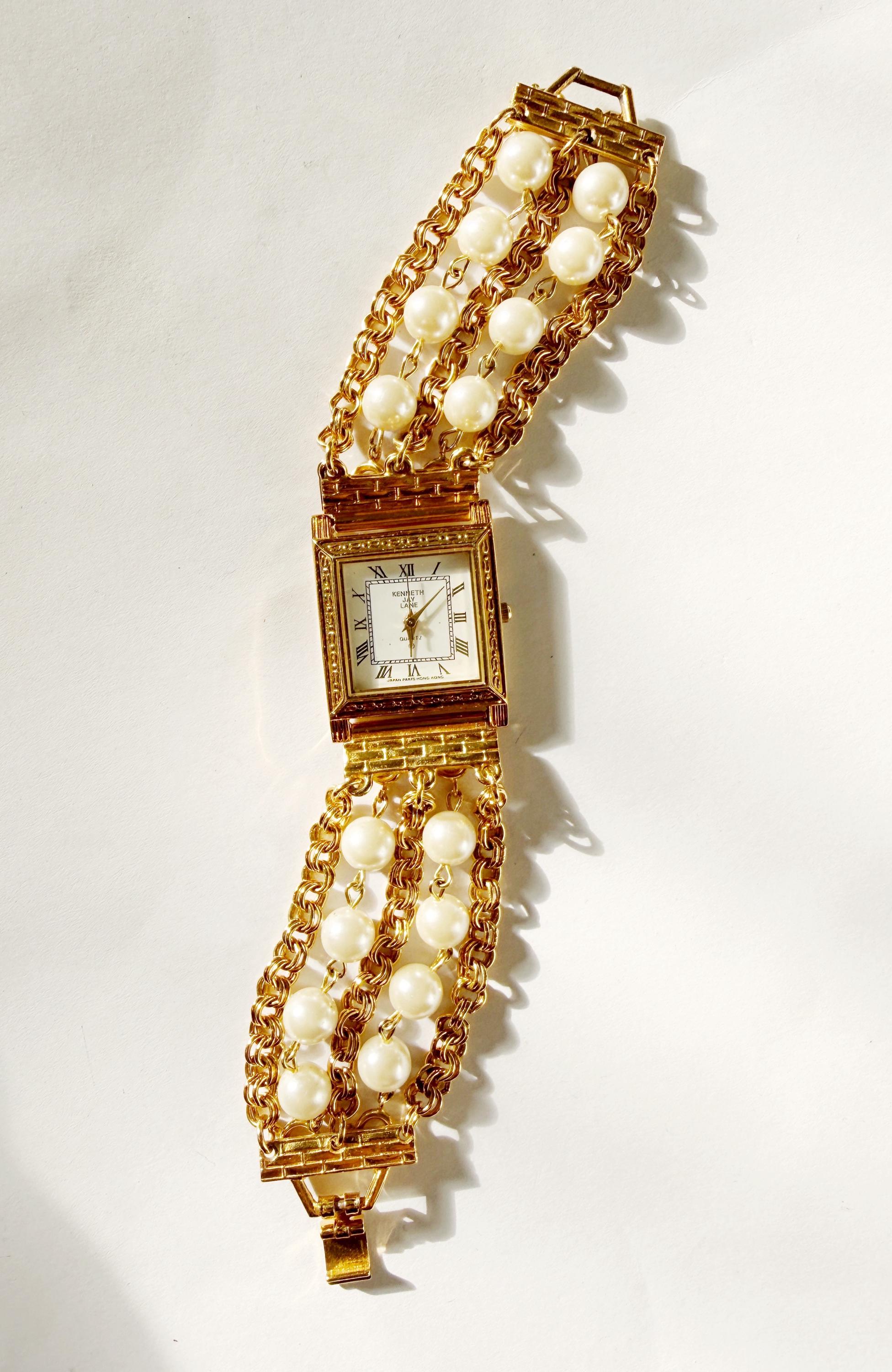 Vintage KJL Pearl Chain Watch - Etsy