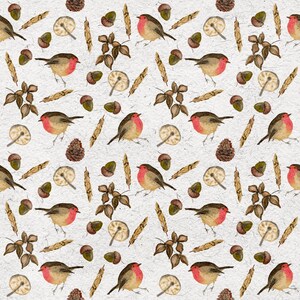 Autumn Seamless Pattern, Robin & Botanical Digital Paper, Fall Pattern, Hand Painted Nature Design, 3600x3600 JPG