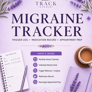 May include: A digital migraine tracker with a lavender theme. The cover reads "Migraine Tracker" and includes sections for trigger logs, medication records, and appointment prep. Includes a monthly attack calendar, individual attack cards, and trigger reference.