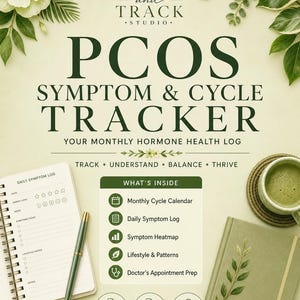 May include: A PCOS symptom and cycle tracker with the text "The Bloom and Track Studio." The image includes a notebook, pen, and a cup of matcha. The tracker includes a monthly cycle calendar, daily symptom log, and symptom heatmap.