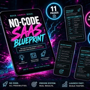 May include: A digital graphic promoting a "No-Code SaaS Blueprint" with a tablet and several smartphones. The tablet displays the title in pink and blue, with the tagline "The step-by-step system to build a profitable SaaS business without code."