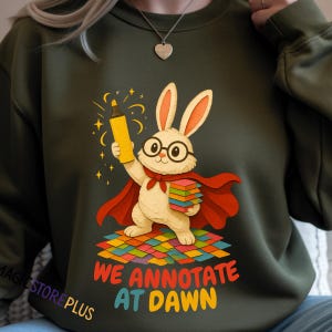May include: An olive green sweatshirt featuring a graphic of a white rabbit wearing black glasses and a red cape. The rabbit holds a yellow highlighter and a stack of books while standing on a colorful tiled floor. The text reads WE ANNOTATE AT DAWN.