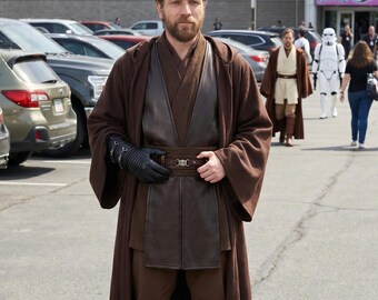 Anakin Skywalker Cosplay Costume - Star Wars Inspired Premium Brown Jedi Robe & Real Leather Tabards Set - Galactic Warrior Outfit.