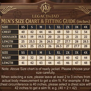 May include: A dark brown wooden sign featuring the LEGACYbyJAD logo and a detailed size chart for jackets in inches. The chart lists measurements for chest, shoulder, length, sleeve, and waist across sizes XS to 4X, with additional fitting instructions.