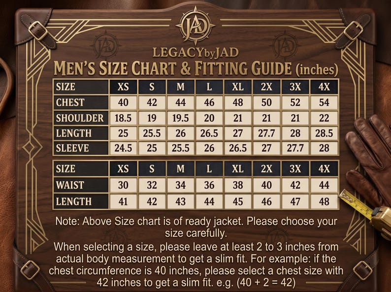May include: A dark brown wooden sign featuring the LEGACYbyJAD logo and a detailed size chart for jackets in inches. The chart lists measurements for chest, shoulder, length, sleeve, and waist across sizes XS to 4X, with additional fitting instructions.