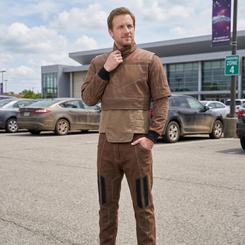May include: A brown two-piece outfit consisting of a short-sleeved top with a high collar, quilted shoulder and sleeve detailing, and a lighter brown midsection, paired with matching brown trousers featuring white stitching and black vertical accents.