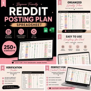 May include: A Reddit posting plan spreadsheet displayed on a laptop screen, with the text "Beginner Friendly" and "Reddit Posting Plan Spreadsheet." The image includes icons for weekly planner, organized tracker, and easy to use features. The spreadsheet is designed for content creators.