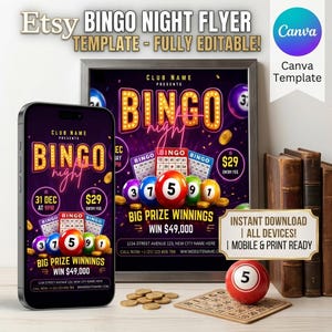 Op de afbeelding: Een digitale Bingo Night flyer template met een donkerpaarse achtergrond, oplichtende gele letters, kleurrijke bingoballen en speelkaarten. Het ontwerp bevat tekst voor evenementdetails, toegangsprijzen en prijzengeld, weergegeven op een smartphone.