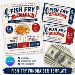 Può includere: Un volantino e biglietti per una raccolta fondi Fish Fry, con un pasto a base di pesce fritto, patatine fritte, insalata di cavolo, frittelle di mais e una bevanda. Il volantino include i dettagli dell'evento, data, ora e luogo, e una pila di banconote da $100.
