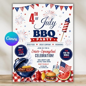 May include: A 4th of July BBQ party invitation flyer featuring red, white, and blue patriotic graphics, including fireworks, a rocket, a grill with food, a burger, a watermelon slice, and an American flag on a red and white checkered tablecloth.