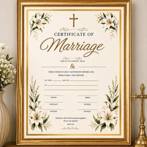 Könnte beinhalten: Eine gerahmte Heiratsurkunde mit einem goldenen Kreuz oben, weißen Lilienillustrationen in den Ecken und elegantem schwarzem Text. Das Dokument enthält Leerzeilen für Namen, Daten und Unterschriften sowie den Bibelvers Markus 10,9 am unteren Rand.