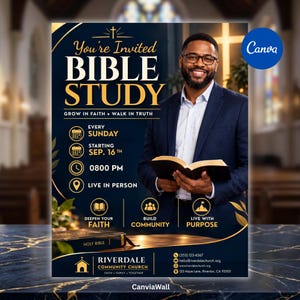 Op de afbeelding: Een donkerblauwe flyer voor een bijbelstudie met een glimlachend persoon in een marineblauw colbert die een open boek vasthoudt. De tekst bevat You're Invited, Bible Study, Grow in Faith, Walk in Truth, Every Sunday, vanaf 16 sept., 20:00 uur, Riverdale Community Church.