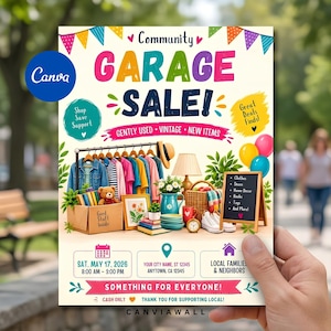 Puede incluir: Un folleto para una venta de garaje comunitaria el 17 de mayo de 2026, con texto colorido, banderines e ilustraciones de ropa en un perchero, una caja de cartón con un oso de peluche, una lámpara, una cesta de mimbre, zapatos y una pizarra.