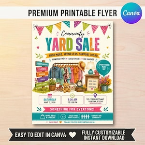 Peut inclure: Un flyer coloré pour un vide-grenier communautaire avec des guirlandes, un portant à vêtements, un ours en peluche, une lampe et un ballon bleu sarcelle. Le texte indique Community YARD SALE, SHOP MORE, SPEND LESS, SUPPORT LOCAL et les détails.