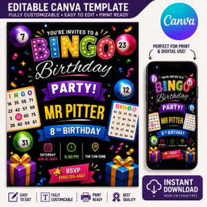 May include: A digital birthday party invitation template featuring a black background with colorful bingo balls, game cards, and gift boxes. The text reads: You're invited to a Bingo Birthday Party! Mr Pitter 8th Birthday, Saturday Aug 16, 20XX, 5:00 PM, The Fun Zone, RSVP (555) 123-4567.