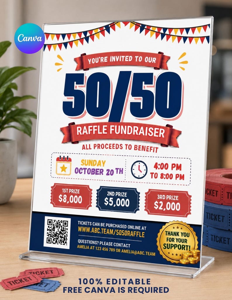 50/50 Raffle Fundraiser Flyer Canva Template | Editable Sports Charity ...