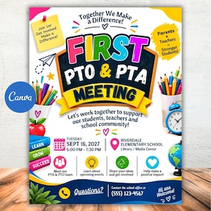 Könnte beinhalten: Ein bunter Flyer für ein erstes PTO & PTA-Treffen am Dienstag, den 16. September 2027, in der Riverdale Elementary School. Er zeigt Schulsachen, eine Tafelgrafik und Text zur Förderung der Beteiligung, mit Kontaktnummer (555) 123-4567.