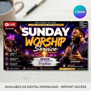May include: A digital flyer for a Sunday Worship Service YouTube broadcast featuring a person in a purple suit holding a microphone. The text reads: Welcome to our live YouTube broadcast, Sunday Worship Service, Jesus is the center of everything.