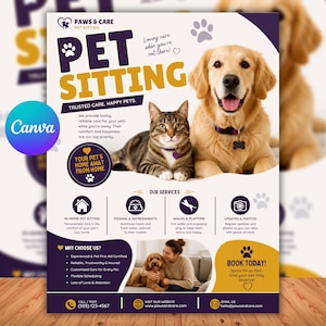 Puede incluir: Un folleto para Paws & Care Pet Sitting con un golden retriever y un gato atigrado. El folleto incluye texto como Pet Sitting, Trusted Care, Happy Pets, Our Services y Book Today, junto con iconos de servicios y datos de contacto.