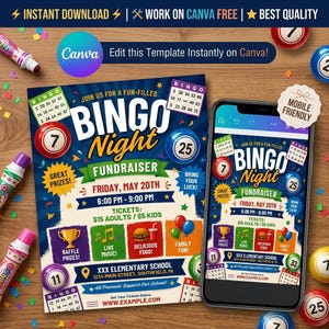 Bingoavond flyersjabloon, uitnodiging voor schoolinzamelingsactie (digitale download)