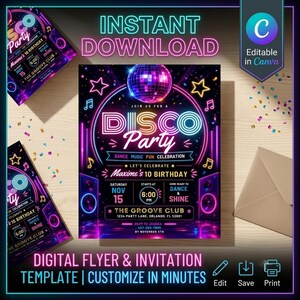 Neon Disco Geburtstagseinladung, Retro Glow Dance Party Flyer (Digitaler Download)