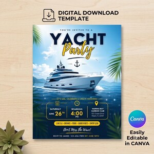 Puede incluir: Una plantilla de descarga digital para una invitación a una fiesta en yate con un gran yate blanco sobre agua azul, hojas de palmera y texto que incluye "Yacht Party", "Saturday June 26th", "Boarding 4:00 PM" y "Don't Miss the Wave".