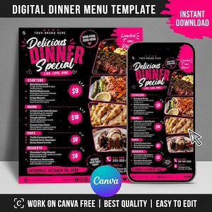 May include: A digital dinner menu template featuring a black background with bright pink accents, displaying food categories like starters, mains, sides, and desserts with prices, alongside a smartphone screen showing the same menu design.