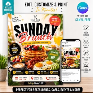 Plantilla de folleto para brunch dominical, promoción de restaurante/cafetería, póster de mimosas ilimitadas (descarga instantánea)
