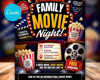Volantino per serata cinema in famiglia, locandina per evento cinematografico, festa cinematografica di comunità, raccolta fondi scolastica, Canva modificabile