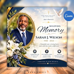 Puede incluir: Una plantilla de programa funerario con el retrato de un hombre en traje dentro de un marco ovalado dorado, decorado con lirios blancos y flores azules. El texto incluye In Loving Memory, Sarah J. Wilson, 1958-2024 y detalles del evento.
