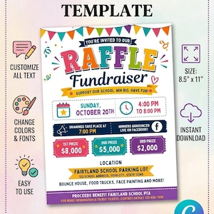 May include: A vibrant Canva template for a raffle fundraiser, featuring the text "RAFFLE Fundraiser". The design includes event details, prize amounts, and location. The size is 21.6 x 27.9 cm. Features include customizable text, colour changes, and easy use.