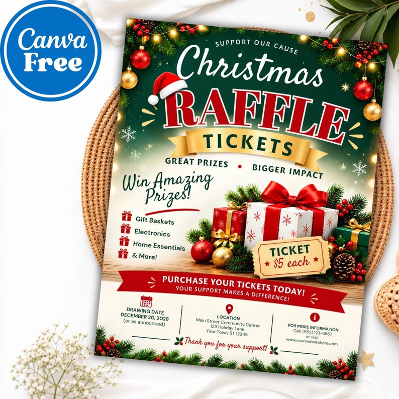 Christmas Raffle Ticket Flyer Template, Editable Holiday Fundraiser ...
