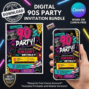 Op de afbeelding: Een digitale 90s party uitnodigingsbundel met afbeeldingen van een boombox, cassettebandje en sneaker. De tekst luidt: It's all about 90s party! Join us as we celebrate Jokson's 30th birthday! Sunday October 10 2030, 8:00 PM till late.