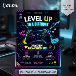 May include: A digital birthday invitation flyer featuring a black video game controller graphic, neon blue and green text reading LEVEL UP TO A BIRTHDAY, JAYDEN REACHED 10!, and event details including date, location, and RSVP information on a dark background.