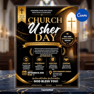 May include: A black and gold flyer for Church Usher Day featuring the text Honoring Those Who Serve With Faith & Excellence, Matthew 20:26-28, and event details for Sunday, September 15, 2026, at 10:30 AM at Faith Community Church, 123 Victory Way.