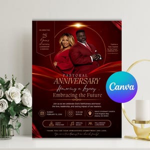 Mall för jubileumsflyer för pastor, galaprogram i rött och guld (digital nedladdning)